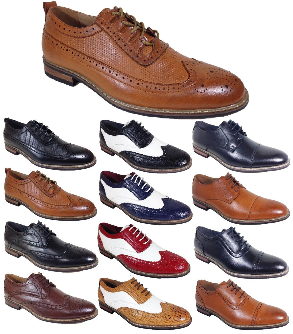 Parrazo Men Dress Shoes Wingtip Oxford Leather Lined Lace Up Black Brown Wooden